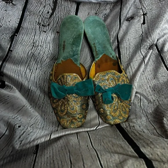 Vintage Ornate Brocade Bow Low Heel House Jacquard Slippers Gold Teal AS IS 10.5 - Picture 2 of 8